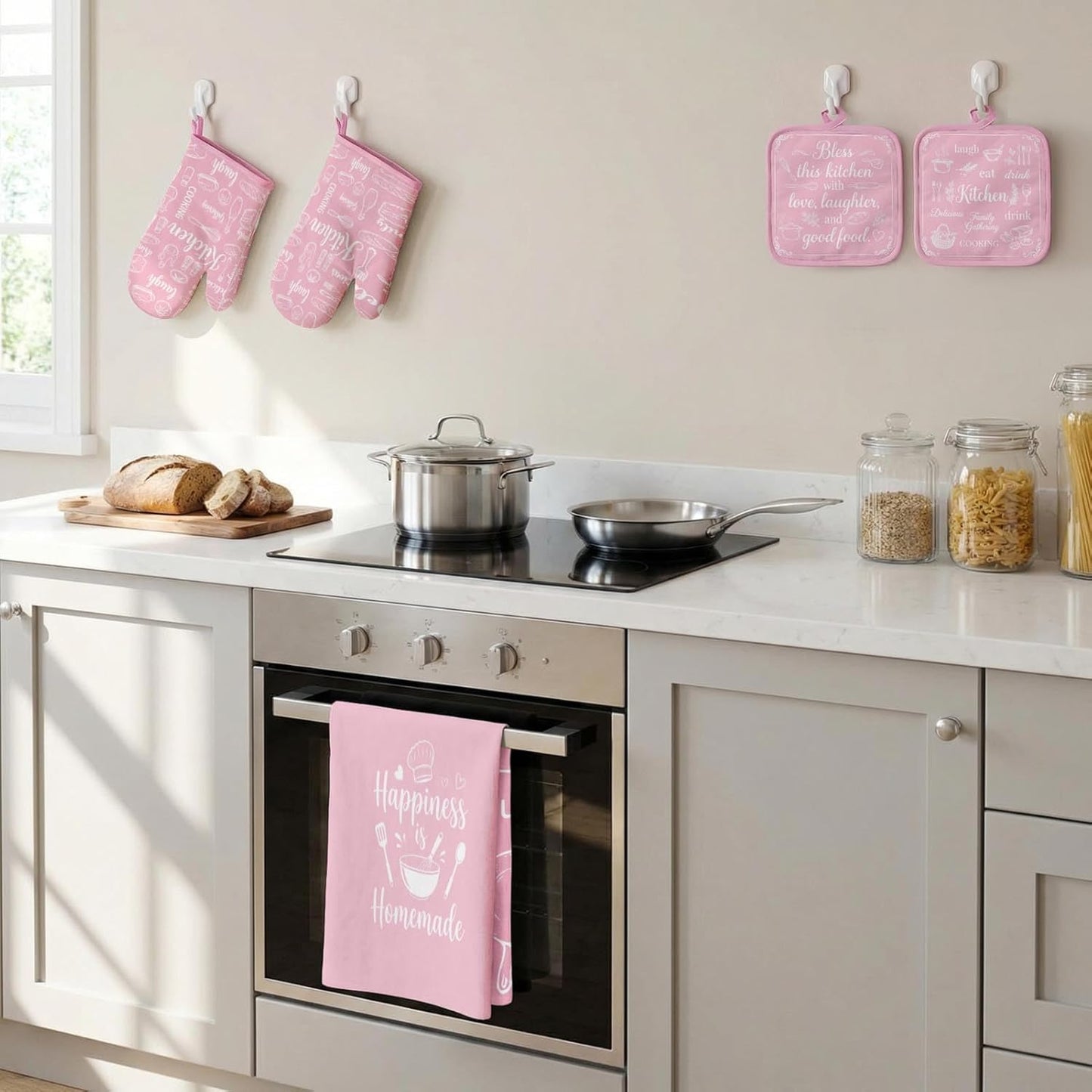 8 Pcs Pink Kitchen Decor Set Pink Cute Heat Resistant Oven Mitts and Pot Holders Sweet Kitchen Dish Towels Set Cute Farmhouse Accessories Decorations for Home Cooking Baking Gift for Women