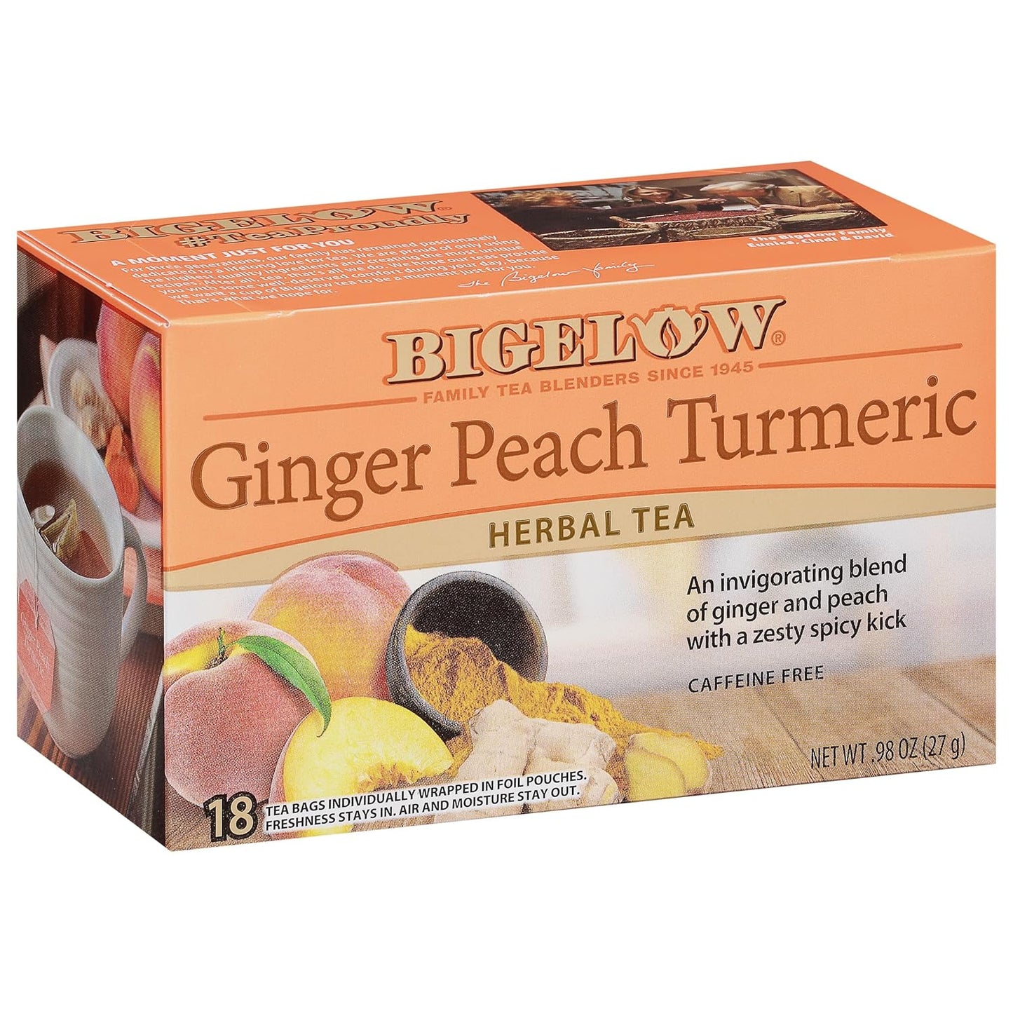 Tea Ginger Peach Turmeric Herbal Tea, Caffeine Free Tea with Ginger and Peach, 18 Count Box (Pack of 6), 108 Total Tea Bags