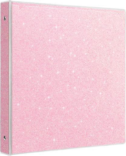 1 Inch Binders 3 Ring Glitter Binders Fashion View Binder for Office Supply, Waterproof, 2 Pockets, Light Pink