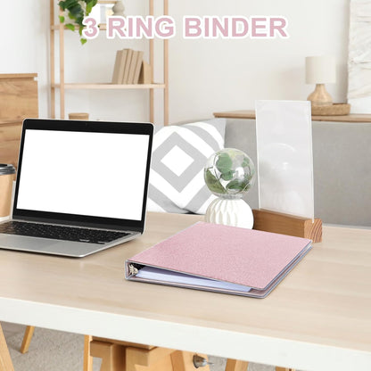 1 Inch Binders 3 Ring Glitter Binders Fashion View Binder for Office Supply, Waterproof, 2 Pockets, Light Pink