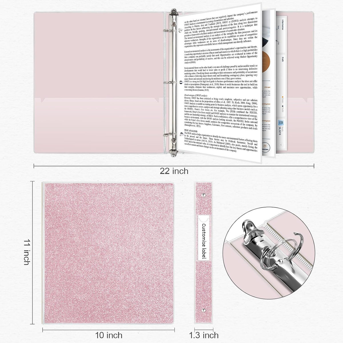 1 Inch Binders 3 Ring Glitter Binders Fashion View Binder for Office Supply, Waterproof, 2 Pockets, Light Pink