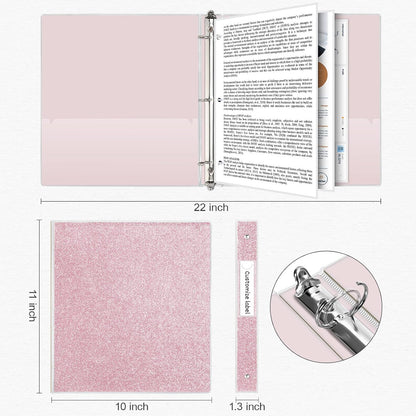 1 Inch Binders 3 Ring Glitter Binders Fashion View Binder for Office Supply, Waterproof, 2 Pockets, Light Pink