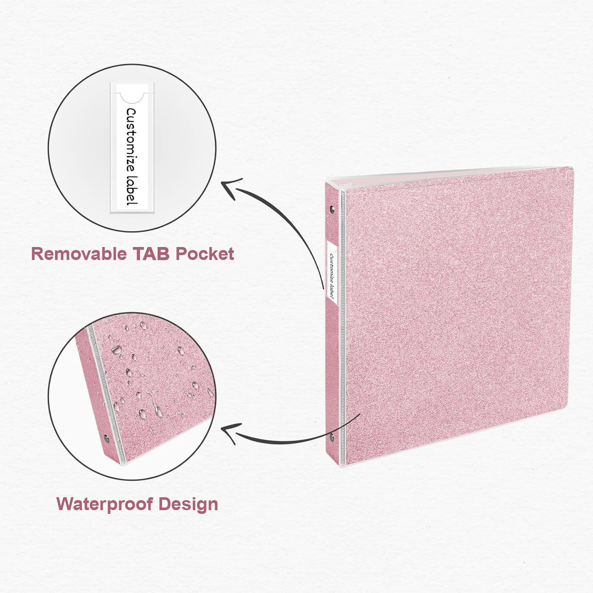 1 Inch Binders 3 Ring Glitter Binders Fashion View Binder for Office Supply, Waterproof, 2 Pockets, Light Pink