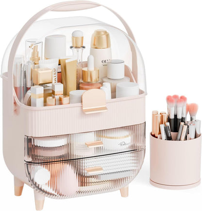 Countertop Makeup Organizer With Lid,Large Skincare Organizers With 2 Drawers,Dustproof Cosmetic Display Cases for Bathroom,Dresser,Lotion,Beauty,Skin Care Holder,Makeup Storage Organizer,Pink
