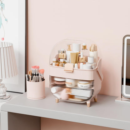 Countertop Makeup Organizer With Lid,Large Skincare Organizers With 2 Drawers,Dustproof Cosmetic Display Cases for Bathroom,Dresser,Lotion,Beauty,Skin Care Holder,Makeup Storage Organizer,Pink