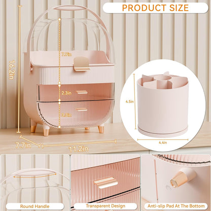 Countertop Makeup Organizer With Lid,Large Skincare Organizers With 2 Drawers,Dustproof Cosmetic Display Cases for Bathroom,Dresser,Lotion,Beauty,Skin Care Holder,Makeup Storage Organizer,Pink