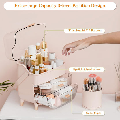 Countertop Makeup Organizer With Lid,Large Skincare Organizers With 2 Drawers,Dustproof Cosmetic Display Cases for Bathroom,Dresser,Lotion,Beauty,Skin Care Holder,Makeup Storage Organizer,Pink
