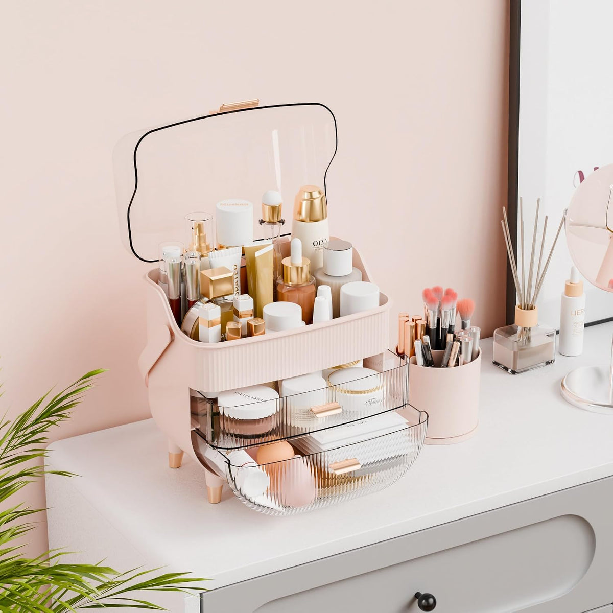Countertop Makeup Organizer With Lid,Large Skincare Organizers With 2 Drawers,Dustproof Cosmetic Display Cases for Bathroom,Dresser,Lotion,Beauty,Skin Care Holder,Makeup Storage Organizer,Pink
