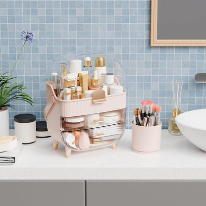 Countertop Makeup Organizer With Lid,Large Skincare Organizers With 2 Drawers,Dustproof Cosmetic Display Cases for Bathroom,Dresser,Lotion,Beauty,Skin Care Holder,Makeup Storage Organizer,Pink