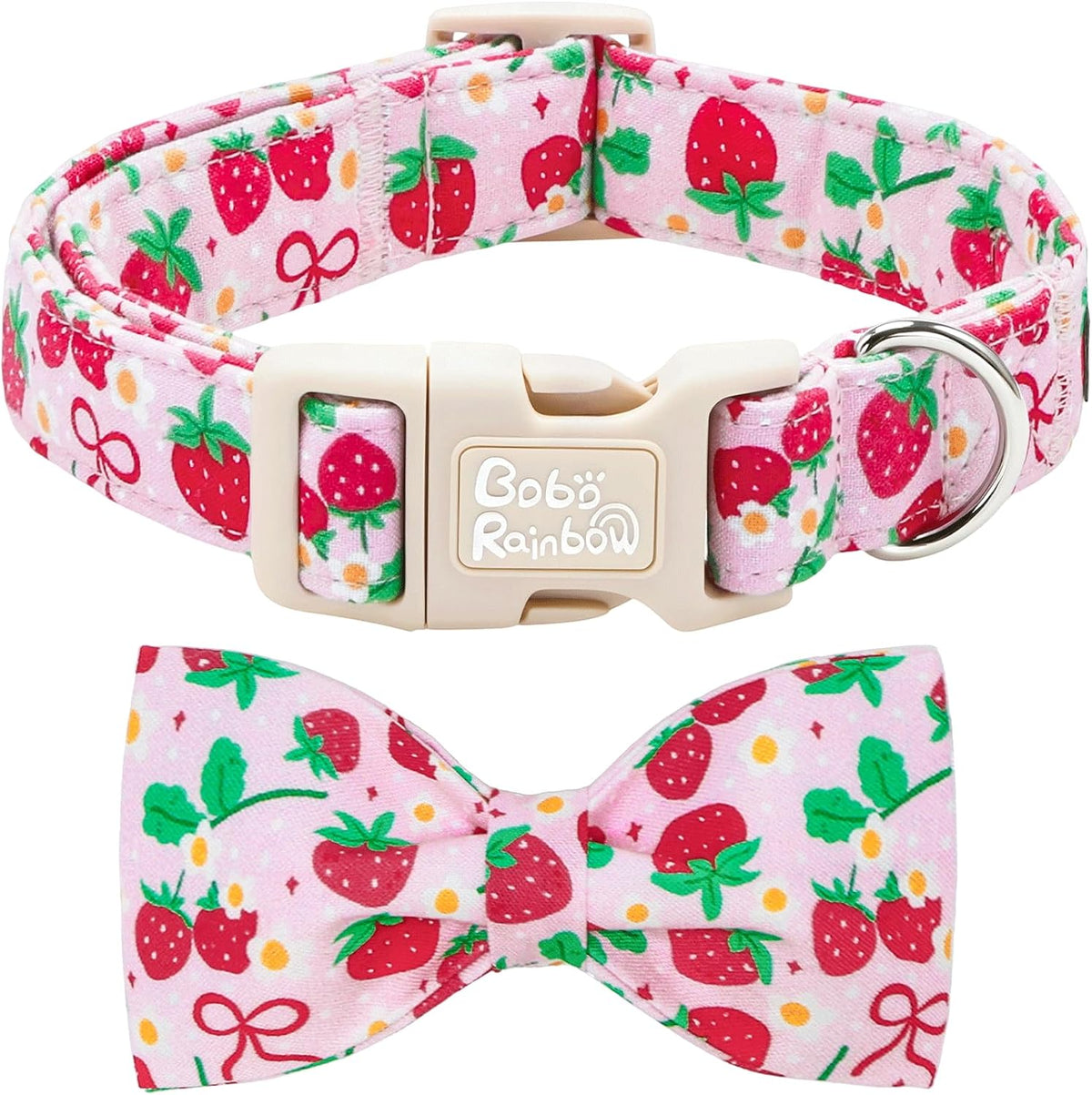 Dog Collars, Spring Red Strawberry Print Cotton Collar Pink Adjustable Light Plastic Buckle Collar with Bow Pet Collar Gift for Small Dogs
