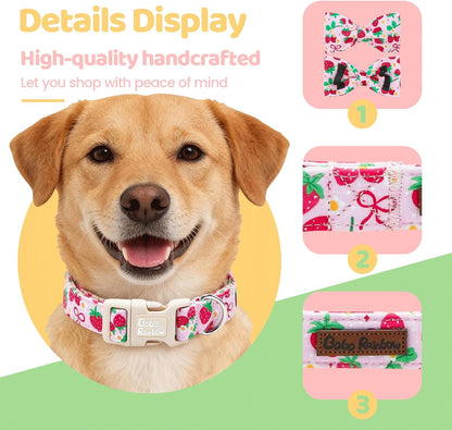Dog Collars, Spring Red Strawberry Print Cotton Collar Pink Adjustable Light Plastic Buckle Collar with Bow Pet Collar Gift for Small Dogs