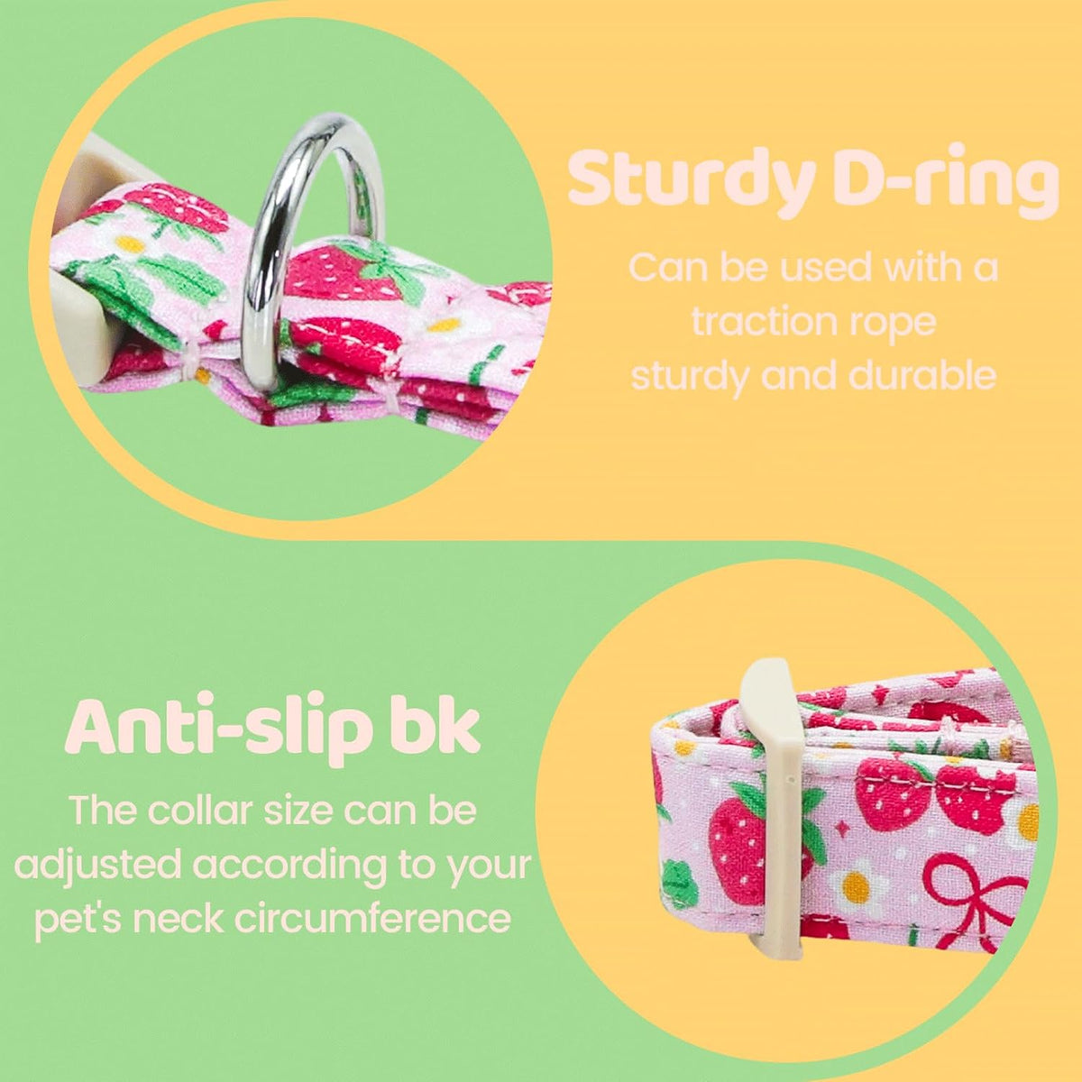 Dog Collars, Spring Red Strawberry Print Cotton Collar Pink Adjustable Light Plastic Buckle Collar with Bow Pet Collar Gift for Small Dogs