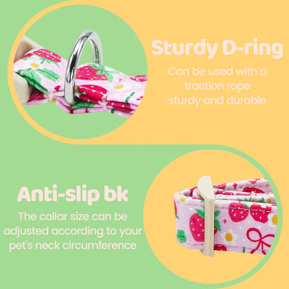 Dog Collars, Spring Red Strawberry Print Cotton Collar Pink Adjustable Light Plastic Buckle Collar with Bow Pet Collar Gift for Small Dogs