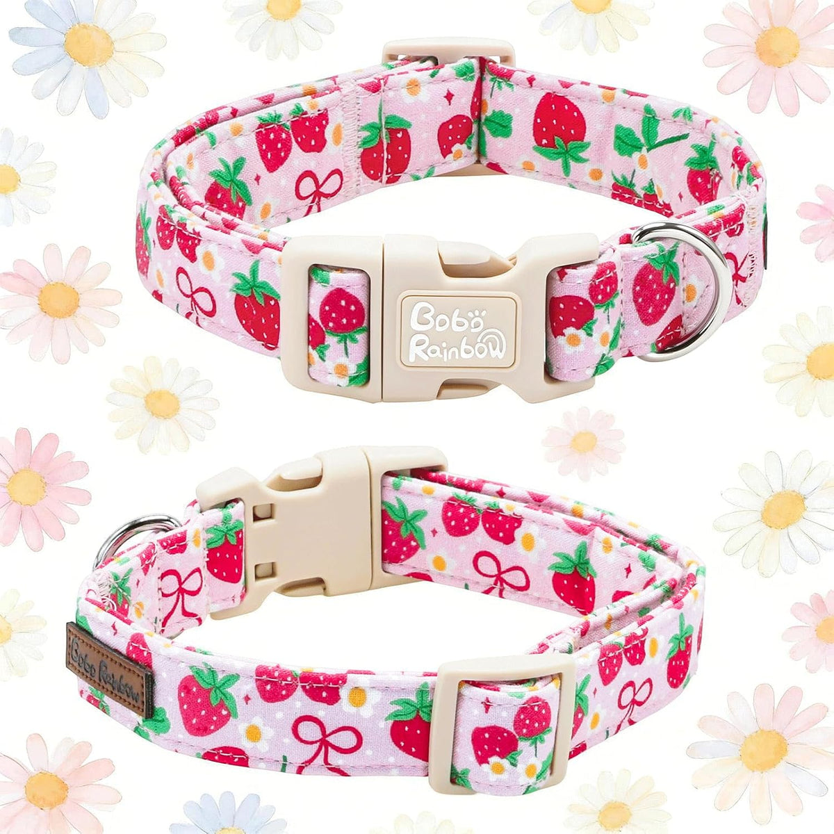 Dog Collars, Spring Red Strawberry Print Cotton Collar Pink Adjustable Light Plastic Buckle Collar with Bow Pet Collar Gift for Small Dogs