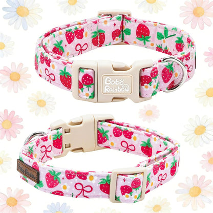 Dog Collars, Spring Red Strawberry Print Cotton Collar Pink Adjustable Light Plastic Buckle Collar with Bow Pet Collar Gift for Small Dogs
