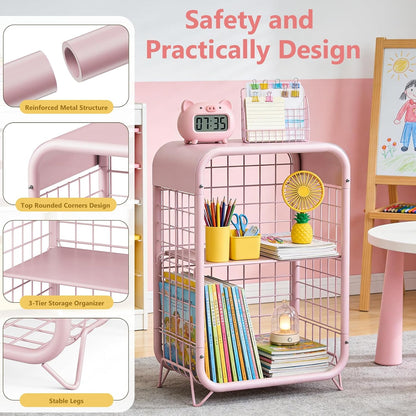 3-Tier Pink Metal End Table, Narrow Nightstand for Small Bedroom, Compact Side Table with Storage Shelves, Modern Bedside Organizer for Living Room, Pink Decor