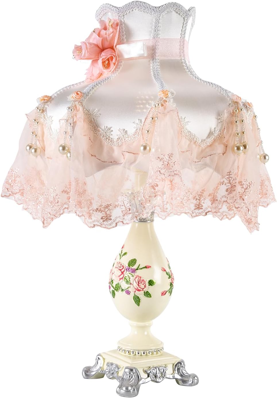 Victorian Style Table Lamp Pink Princess lamp Handmade Gauze Fabric Lampshade Traditional Resin Flower Carved Base for Girl's Room Bedroom Office Living Room Reading, D12.2'' X H21.2''