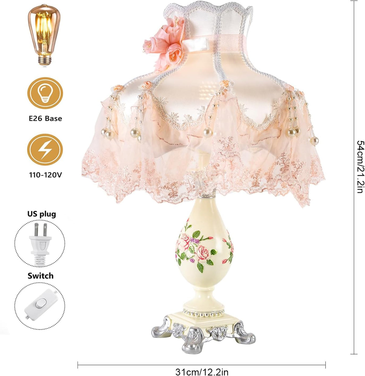 Victorian Style Table Lamp Pink Princess lamp Handmade Gauze Fabric Lampshade Traditional Resin Flower Carved Base for Girl's Room Bedroom Office Living Room Reading, D12.2'' X H21.2''