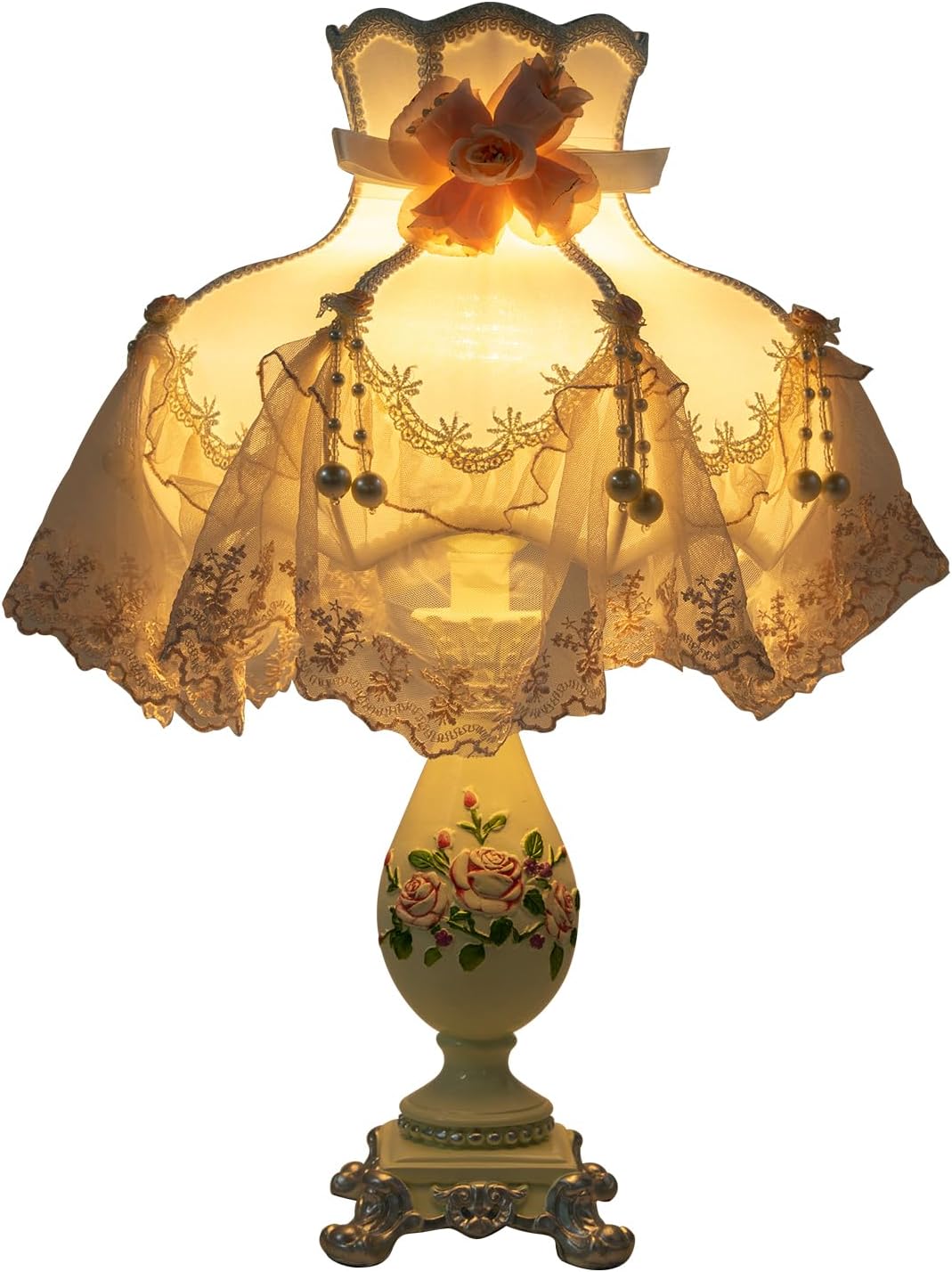 Victorian Style Table Lamp Pink Princess lamp Handmade Gauze Fabric Lampshade Traditional Resin Flower Carved Base for Girl's Room Bedroom Office Living Room Reading, D12.2'' X H21.2''