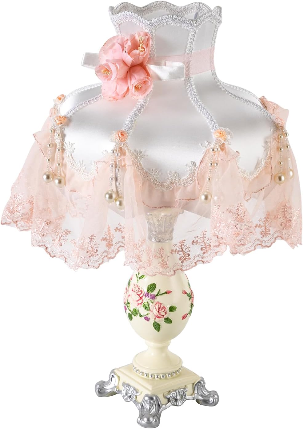 Victorian Style Table Lamp Pink Princess lamp Handmade Gauze Fabric Lampshade Traditional Resin Flower Carved Base for Girl's Room Bedroom Office Living Room Reading, D12.2'' X H21.2''