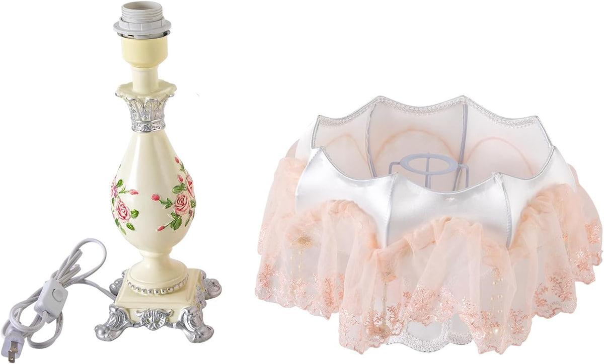 Victorian Style Table Lamp Pink Princess lamp Handmade Gauze Fabric Lampshade Traditional Resin Flower Carved Base for Girl's Room Bedroom Office Living Room Reading, D12.2'' X H21.2''
