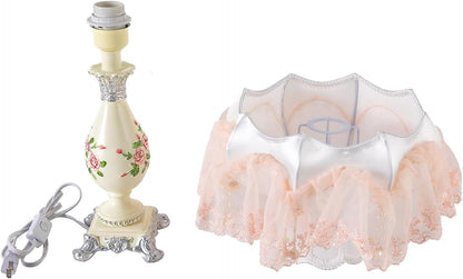 Victorian Style Table Lamp Pink Princess lamp Handmade Gauze Fabric Lampshade Traditional Resin Flower Carved Base for Girl's Room Bedroom Office Living Room Reading, D12.2'' X H21.2''
