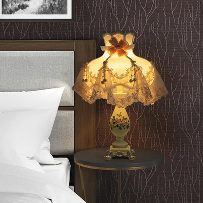 Victorian Style Table Lamp Pink Princess lamp Handmade Gauze Fabric Lampshade Traditional Resin Flower Carved Base for Girl's Room Bedroom Office Living Room Reading, D12.2'' X H21.2''