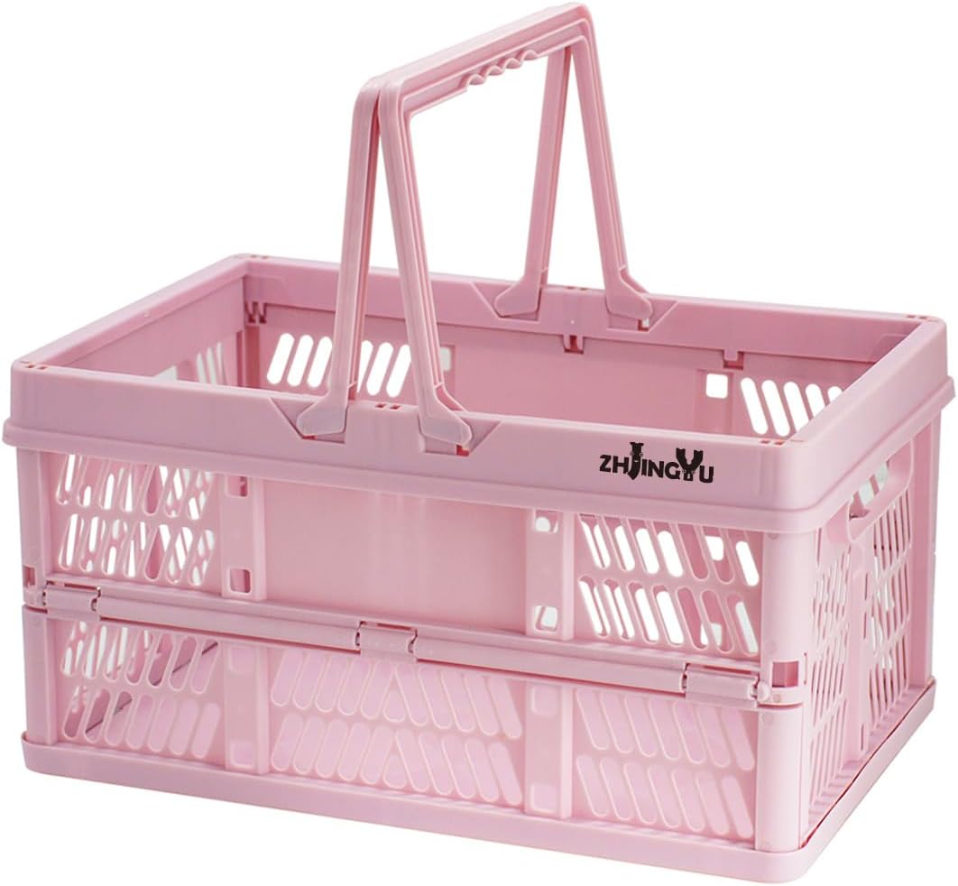20L Pink Foldable Plastic Storage Crate Collapsible Shopping Basket