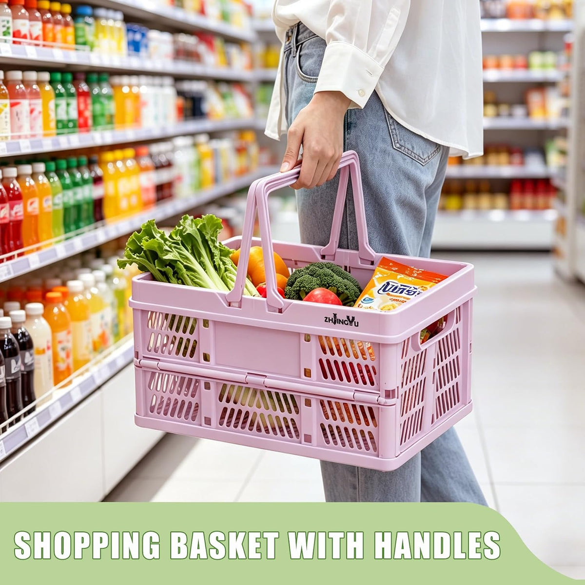 20L Pink Foldable Plastic Storage Crate Collapsible Shopping Basket