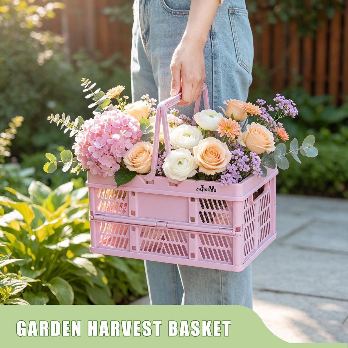 20L Pink Foldable Plastic Storage Crate Collapsible Shopping Basket