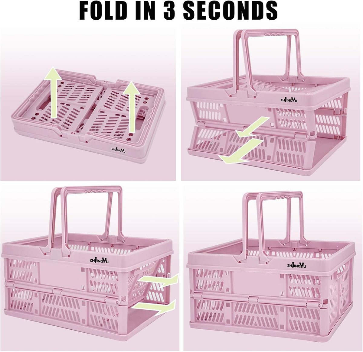 20L Pink Foldable Plastic Storage Crate Collapsible Shopping Basket