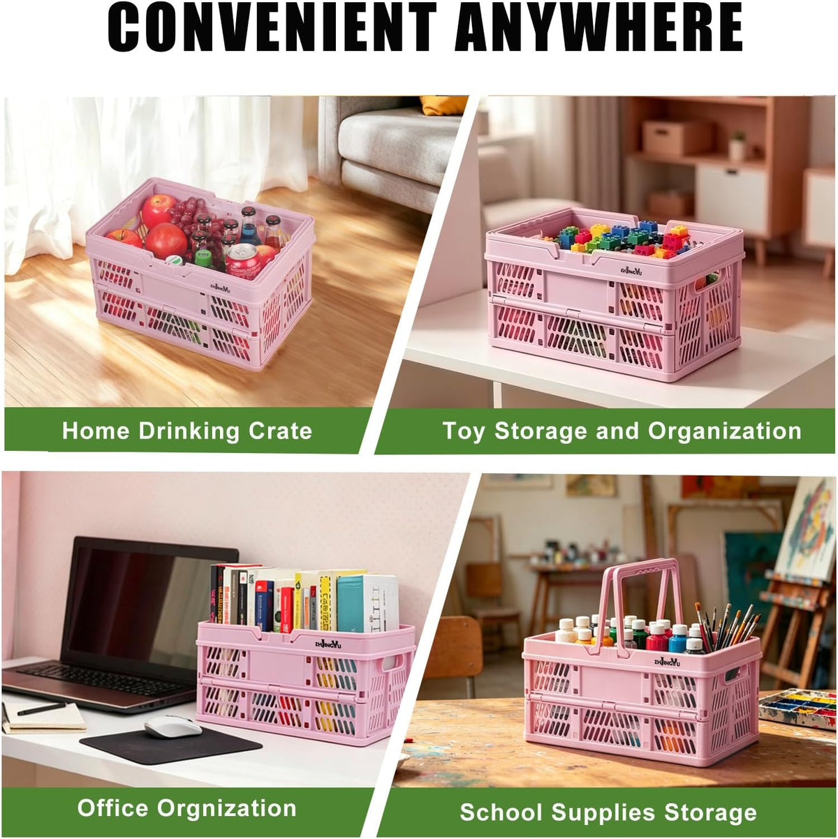 20L Pink Foldable Plastic Storage Crate Collapsible Shopping Basket