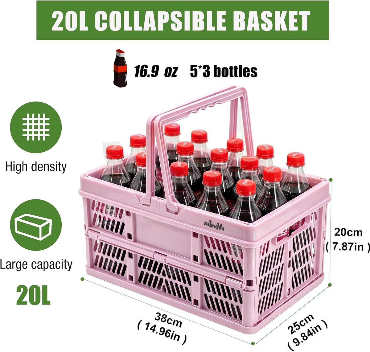 20L Pink Foldable Plastic Storage Crate Collapsible Shopping Basket
