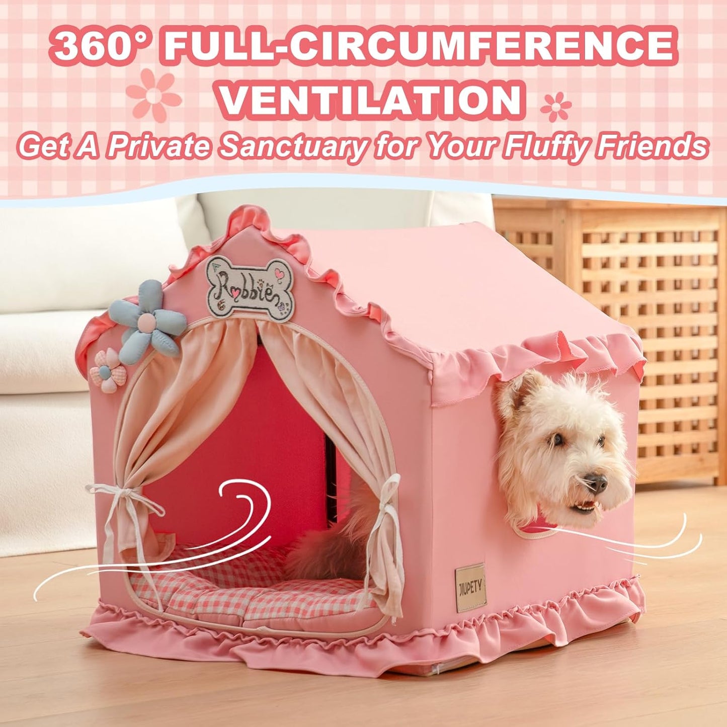 Indoor Dog House with Frame, Cute Dog Tent Bed with Cover Cave, Breathable, Washable, and Foldable House, Suitable for 10-20 Lb Puppy and Cats, Medium (17"×17"×17"), Pink