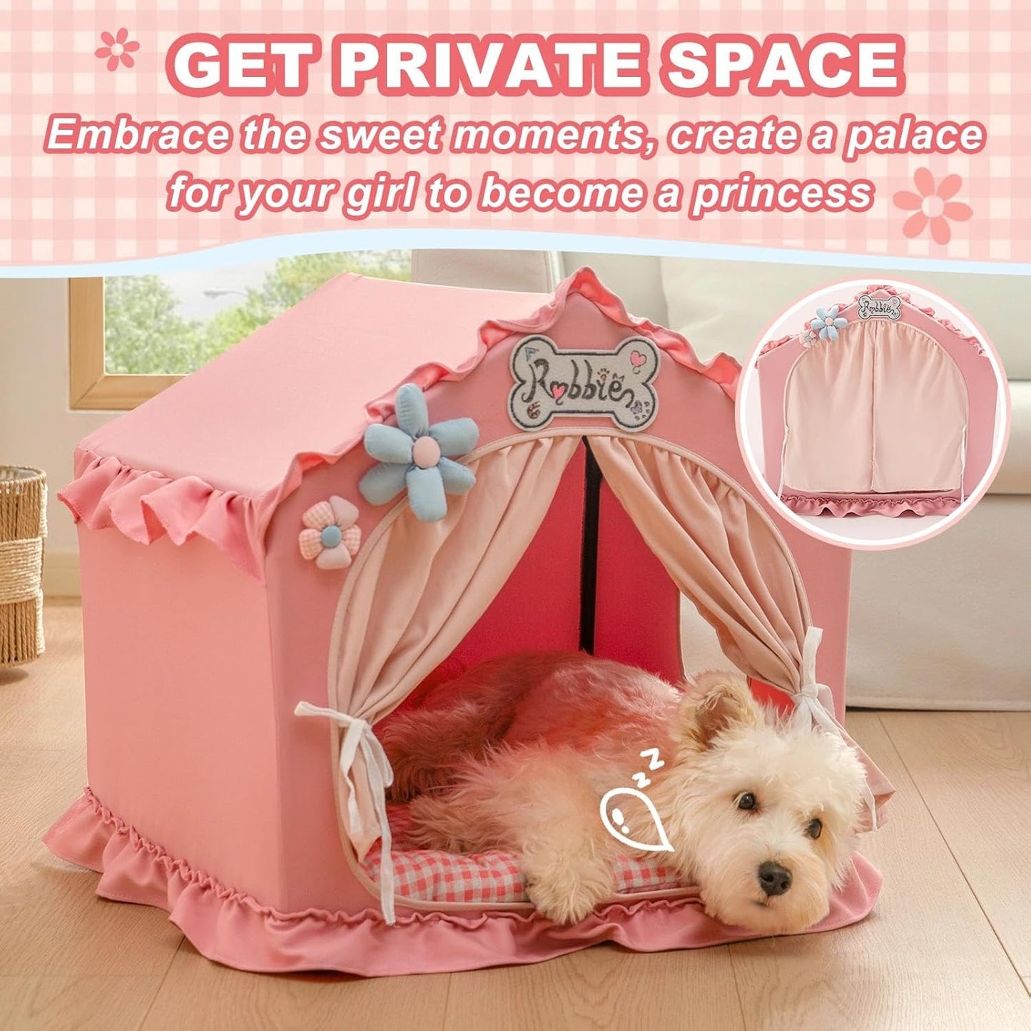 Indoor Dog House with Frame, Cute Dog Tent Bed with Cover Cave, Breathable, Washable, and Foldable House, Suitable for 10-20 Lb Puppy and Cats, Medium (17"×17"×17"), Pink