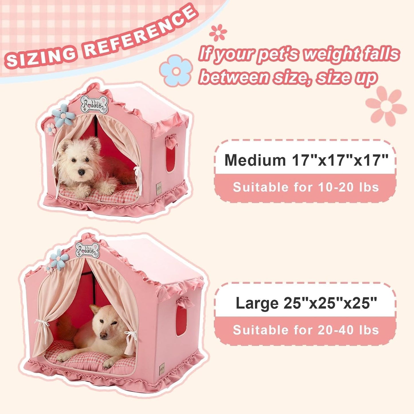 Indoor Dog House with Frame, Cute Dog Tent Bed with Cover Cave, Breathable, Washable, and Foldable House, Suitable for 10-20 Lb Puppy and Cats, Medium (17"×17"×17"), Pink