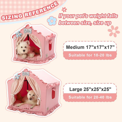Indoor Dog House with Frame, Cute Dog Tent Bed with Cover Cave, Breathable, Washable, and Foldable House, Suitable for 10-20 Lb Puppy and Cats, Medium (17"×17"×17"), Pink
