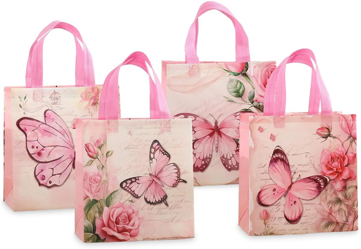Pink Butterfly Gift Bags 12 Pack, 4 Assorted Floral & Butterfly Designs Reusable Non-Woven Tote Bags for Girls, Party Favors, Goodie Bags for Mother's Day,Birthday, Baby Shower, Bridal Shower