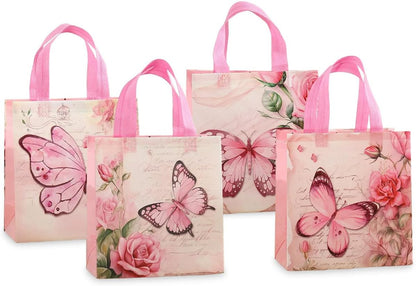 Pink Butterfly Gift Bags 12 Pack, 4 Assorted Floral & Butterfly Designs Reusable Non-Woven Tote Bags for Girls, Party Favors, Goodie Bags for Mother's Day,Birthday, Baby Shower, Bridal Shower