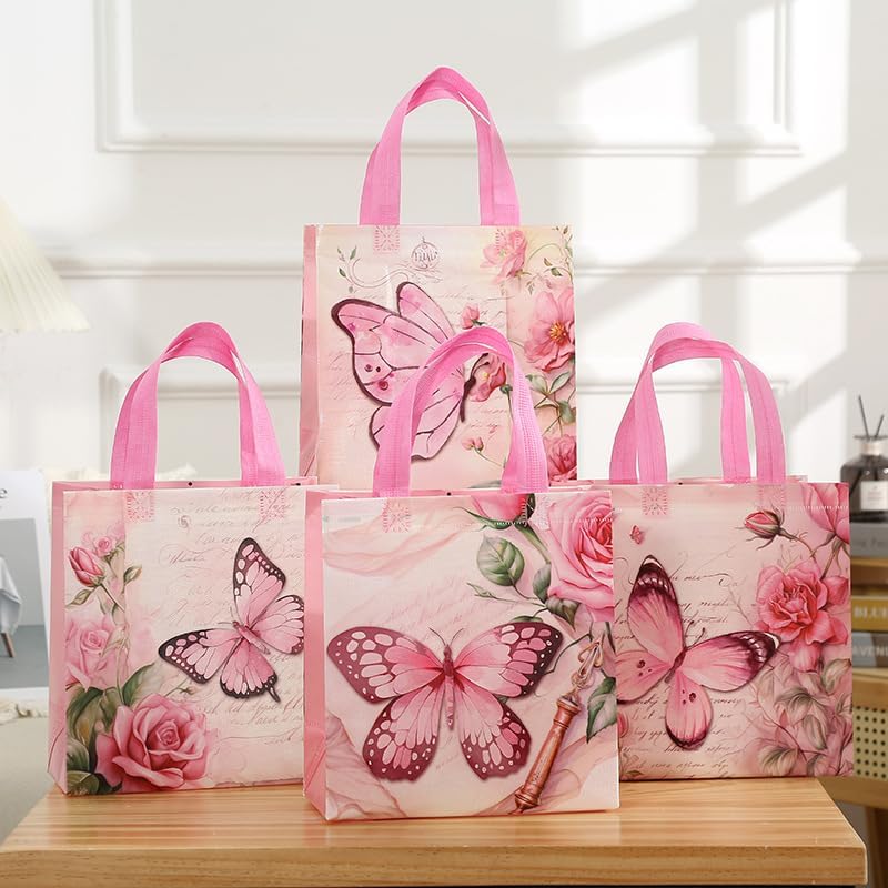 Pink Butterfly Gift Bags 12 Pack, 4 Assorted Floral & Butterfly Designs Reusable Non-Woven Tote Bags for Girls, Party Favors, Goodie Bags for Mother's Day,Birthday, Baby Shower, Bridal Shower