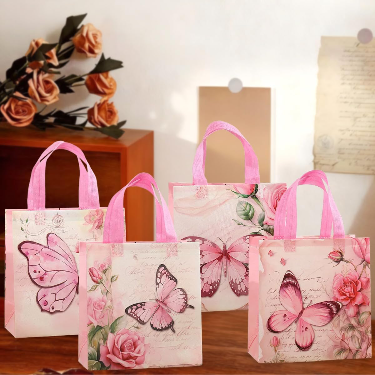 Pink Butterfly Gift Bags 12 Pack, 4 Assorted Floral & Butterfly Designs Reusable Non-Woven Tote Bags for Girls, Party Favors, Goodie Bags for Mother's Day,Birthday, Baby Shower, Bridal Shower
