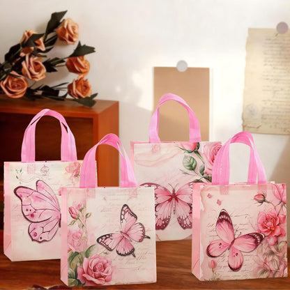 Pink Butterfly Gift Bags 12 Pack, 4 Assorted Floral & Butterfly Designs Reusable Non-Woven Tote Bags for Girls, Party Favors, Goodie Bags for Mother's Day,Birthday, Baby Shower, Bridal Shower