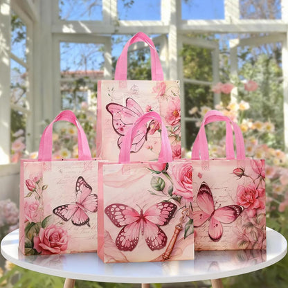 Pink Butterfly Gift Bags 12 Pack, 4 Assorted Floral & Butterfly Designs Reusable Non-Woven Tote Bags for Girls, Party Favors, Goodie Bags for Mother's Day,Birthday, Baby Shower, Bridal Shower