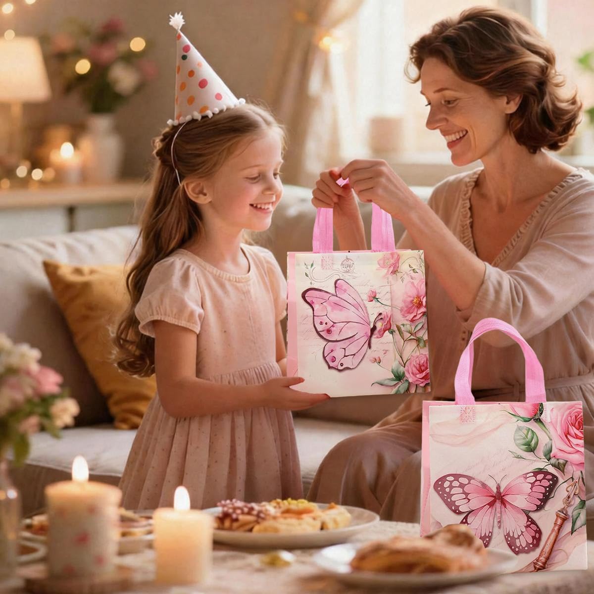Pink Butterfly Gift Bags 12 Pack, 4 Assorted Floral & Butterfly Designs Reusable Non-Woven Tote Bags for Girls, Party Favors, Goodie Bags for Mother's Day,Birthday, Baby Shower, Bridal Shower