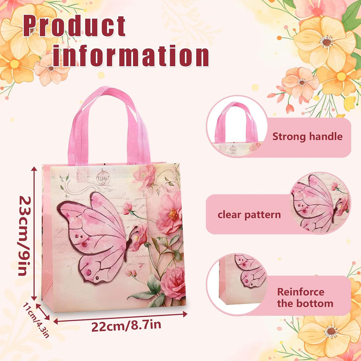 Pink Butterfly Gift Bags 12 Pack, 4 Assorted Floral & Butterfly Designs Reusable Non-Woven Tote Bags for Girls, Party Favors, Goodie Bags for Mother's Day,Birthday, Baby Shower, Bridal Shower