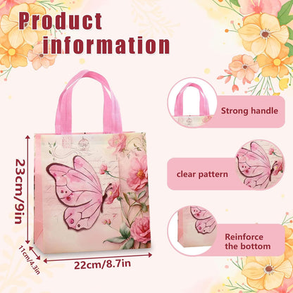 Pink Butterfly Gift Bags 12 Pack, 4 Assorted Floral & Butterfly Designs Reusable Non-Woven Tote Bags for Girls, Party Favors, Goodie Bags for Mother's Day,Birthday, Baby Shower, Bridal Shower