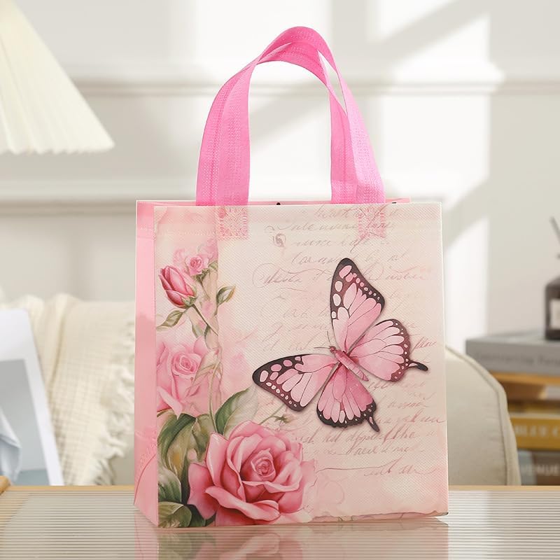 Pink Butterfly Gift Bags 12 Pack, 4 Assorted Floral & Butterfly Designs Reusable Non-Woven Tote Bags for Girls, Party Favors, Goodie Bags for Mother's Day,Birthday, Baby Shower, Bridal Shower