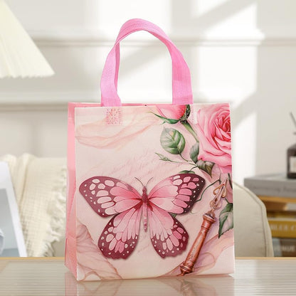 Pink Butterfly Gift Bags 12 Pack, 4 Assorted Floral & Butterfly Designs Reusable Non-Woven Tote Bags for Girls, Party Favors, Goodie Bags for Mother's Day,Birthday, Baby Shower, Bridal Shower
