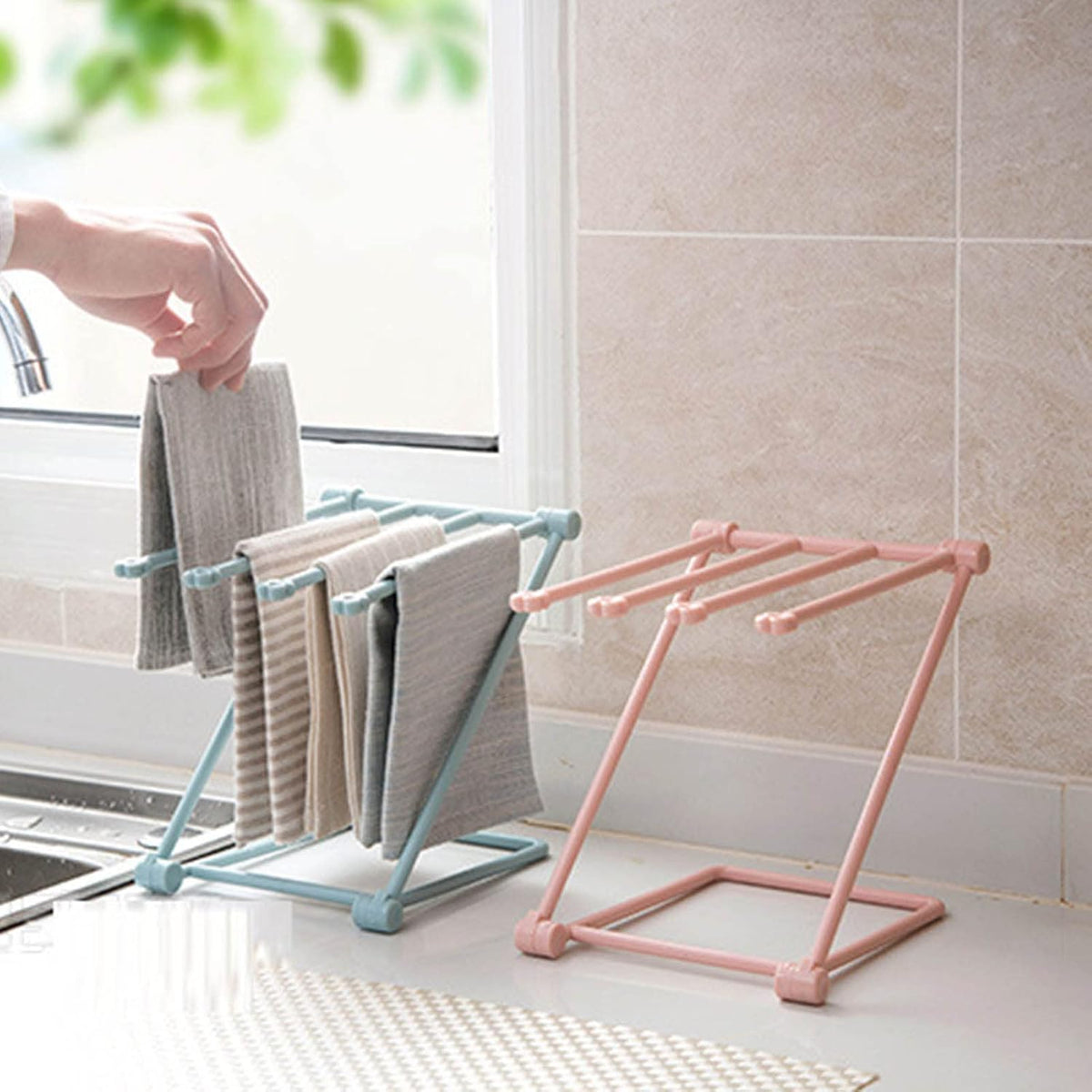 Washcloth Holder Dish Rag Cloth Holder Countertop Dishcloth Drying Rack 4 Arms Folding Vertical Hand Towel Stand Dish Rag Storage Holder for Kitchen(Light Pink)