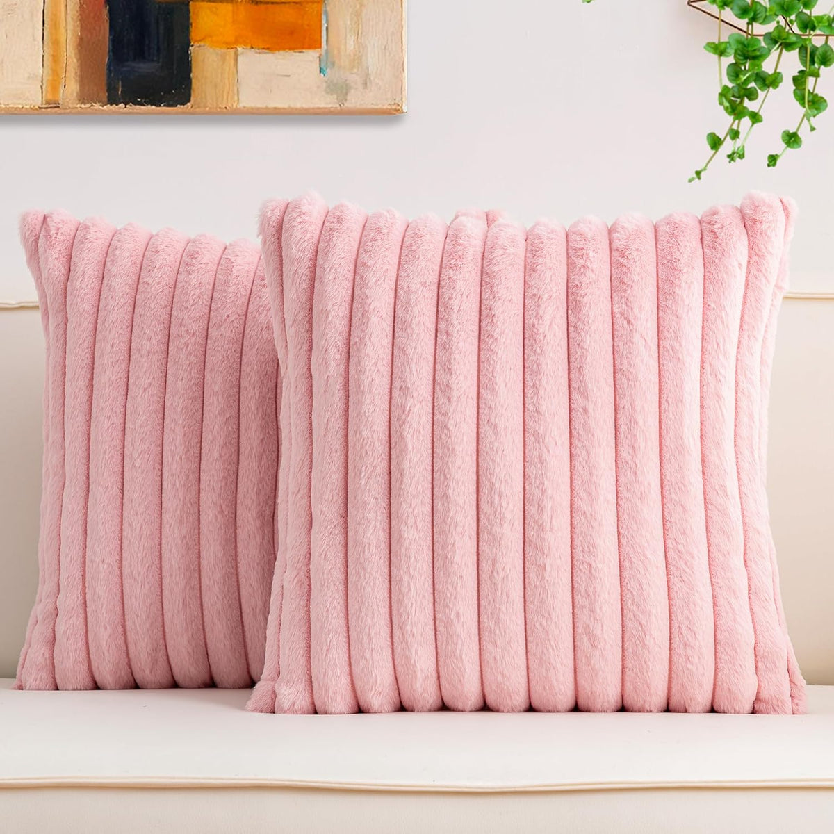 Pack of 2 Faux Fur Christmas Throw Pillow Covers 22x22 Inch, Pink